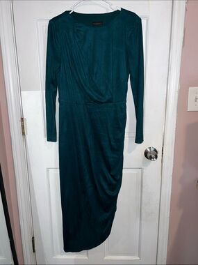 Donna Karan Teal Long Sleeve Draped Midi Dress